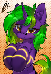 Size: 3384x4863 | Tagged: safe, alternate version, artist:lunylin, imported from derpibooru, oc, oc only, oc:endigo grimstone, pony, unicorn, cheek fluff, chest fluff, ear fluff, eyes open, fluffy, glowing, gradient background, gradient mane, high res, horn, looking at you, male, on hind legs, orange eyes, raised hoof, screentone, smiling, solo, spiral, stallion, striped mane, stripes on muzzle, tongue out