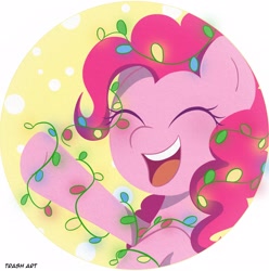 Size: 2028x2048 | Tagged: safe, artist:eltrash_art6, imported from derpibooru, pinkie pie, earth pony, pony, blushing, christmas, christmas lights, clothes, cute, diapinkes, eyes closed, female, holiday, icon, mare, open mouth, snow, solo, winter outfit