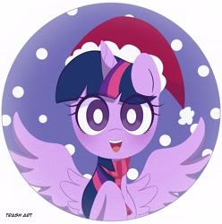 Size: 2028x2048 | Tagged: safe, artist:eltrash_art6, imported from derpibooru, twilight sparkle, alicorn, pony, blushing, christmas, clothes, cute, female, hat, holiday, icon, mare, santa hat, scarf, snow, solo, twiabetes, twilight sparkle (alicorn), winter outfit