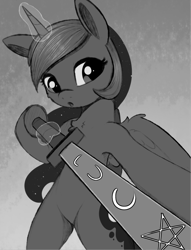 Size: 1516x1987 | Tagged: safe, artist:dusthiel, imported from derpibooru, princess luna, alicorn, pony, bipedal, magic, monochrome, novembrush, solo, sword, weapon