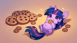 Size: 3840x2176 | Tagged: safe, imported from derpibooru, twilight sparkle, pony, unicorn, ai content, ai generated, belly, belly button, big belly, chibi, cookie, cute, eating, female, filly, filly twilight sparkle, food, generator:tponynai3, gradient background, horn, lying down, on back, prompter:truekry, solo, twiabetes, unicorn twilight, wallpaper, younger