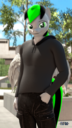 Size: 1080x1920 | Tagged: safe, artist:anthroponiessfm, imported from derpibooru, oc, oc:nighty, anthro, pegasus, 3d, anthro oc, clothes, cute, hoodie, looking at you, male, pants, pegasus oc, source filmmaker, wings