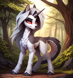 Size: 896x960 | Tagged: safe, imported from derpibooru, dog, pony, unicorn, ai content, ai generated, fantasy, forest, helluva boss, horn, loona (helluva boss), nature, ponified, tree