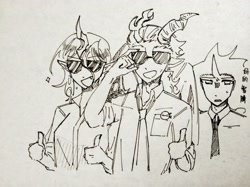 Size: 4160x3112 | Tagged: safe, artist:reiki, imported from derpibooru, discord, king sombra, queen chrysalis, human, clothes, horn, horned humanization, humanized, necktie, sunglasses