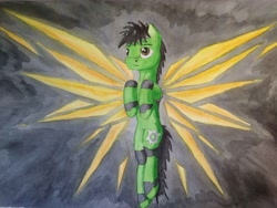 Size: 4000x3000 | Tagged: safe, artist:zocidem, imported from derpibooru, oc, oc only, oc:wrench, earth pony, pony, artificial wings, augmented, deus ex, flying, not anonfilly, simple background, solo, this will end in death, traditional art, watercolor painting, wings