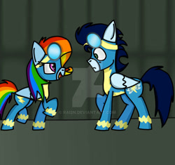 Size: 639x600 | Tagged: safe, artist:rai2n, imported from derpibooru, rainbow dash, soarin', pegasus, pony, newbie dash, deviantart watermark, female, male, mare, my little pony, obtrusive watermark, rainbow fash, shipping, soarindash, stallion, straight, watermark