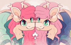 Size: 2500x1600 | Tagged: safe, artist:lionbun, imported from derpibooru, oc, oc:peonie, bat pony, pegasus, bat pony oc, bat wings, clothes, cute, female, looking at you, mare, pegasus oc, siblings, sketch, sweater, twins, wings