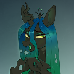 Size: 1500x1500 | Tagged: safe, artist:sociofag, imported from derpibooru, queen chrysalis, changeling, changeling queen, blushing, bust, fangs, female, gradient background, gradient mane, horn, open mouth, open smile, smiling, solo