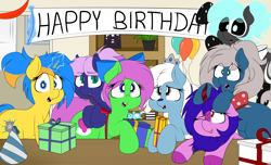 Size: 5220x3176 | Tagged: safe, artist:blitzyflair, oc, oc:icicle crash, oc:spiral galaxies, oc:zippy sparkz, pony, birthday, cake, female, food, group, mare