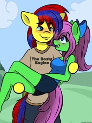 Size: 1512x2016 | Tagged: safe, artist:doodle-hooves, oc, oc:zippy sparkz, anthro, blushing, clothes, looking at each other, male