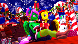 Size: 1920x1080 | Tagged: safe, artist:shadowuwu, oc, oc:zippy sparkz, anthro, boots, breasts, christmas, christmas lights, christmas sweater, cleavage, clothes, gloves, holiday, looking at each other, male, shoes, sweater