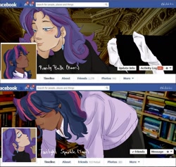 Size: 2044x1945 | Tagged: safe, artist:killektric, imported from derpibooru, rarity, twilight sparkle, human, bed, bedroom eyes, blushing, book, bookshelf, clothes, cute, dark skin, duo, duo female, ear piercing, earring, eyes closed, eyeshadow, facebook, feet, female, humanized, jewelry, lesbian, lying down, makeup, meme, pants, piercing, ponified meme, prone, raribetes, rarilight, shipping, shirt, socks, stocking feet, sweater, twiabetes