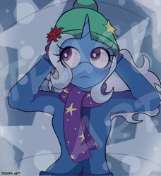 Size: 1868x2048 | Tagged: safe, artist:eltrash_art6, imported from derpibooru, trixie, anthro, unicorn, beanie, blushing, breasts, clothes, coat, female, gloves, hat, horn, scarf, solo, watermark, winter outfit