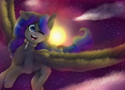 Size: 2560x1829 | Tagged: safe, artist:dorry, imported from derpibooru, oc, oc only, pegasus, pony, cloud, cloudy, collar, female, female oc, flying, looking at you, mare, mare oc, old art, one ear down, one eye closed, open mouth, open smile, pegasus oc, reflection, signature, sky, smiling, smiling at you, solo, spread wings, stars, sun, sunset, wings