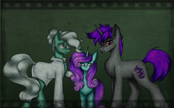 Size: 2377x1472 | Tagged: safe, artist:darklight1315, imported from derpibooru, oc, oc only, oc:dr.slewwy, oc:lavender smoke, oc:starless tundra, crystal pony, pony, unicorn, fallout equestria, clothes, crystal unicorn, fallout equestria: dark delirium, family, female, horn, lab coat, male, mare, stallion, trio