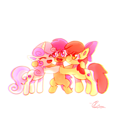 Size: 2620x2728 | Tagged: safe, artist:jaanhavi, imported from derpibooru, apple bloom, scootaloo, sweetie belle, earth pony, pegasus, pony, unicorn, cmc day, cutie mark crusaders, eyes closed, female, filly, foal, group hug, high res, horn, hug, one eye closed, open mouth, open smile, simple background, smiling, trio, trio female, white background