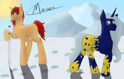 Size: 5000x3200 | Tagged: safe, artist:maître cervidé, imported from derpibooru, oc, oc:gold ocean, oc:vulcan order, unicorn, duo, duo male and female, female, horn, hornless unicorn, male, mountain, scar, signature, snow, sun, sword, weapon, winter