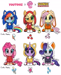 Size: 3336x4096 | Tagged: safe, artist:kawaiiklau, imported from derpibooru, applejack, fluttershy, pinkie pie, rainbow dash, rarity, twilight sparkle, alicorn, earth pony, pegasus, pony, unicorn, amy rose, boots, clothes, cosplay, costume, cream the rabbit, crossover, female, gloves, hoodie, horn, knuckles the echidna, mane six, mare, miles "tails" prower, rouge the bat, shadow the hedgehog, shoes, simple background, sitting, sonic the hedgehog, sonic the hedgehog (series), twilight sparkle (alicorn), white background, youtooz, youtooz mlp design competition