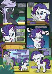 Size: 1920x2715 | Tagged: safe, artist:alexdti, imported from derpibooru, rarity, oc, oc:freako, oc:penumbra shard, unicorn, comic:how we met, comic, crying, desk, female, filly, filly rarity, foal, horn, purple mane, younger