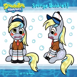 Size: 2048x2048 | Tagged: safe, artist:jessomatsu, imported from derpibooru, derpy hooves, pegasus, pony, blushing, bubble, bubble wand, clothes, cosplay, costume, crossover, female, hat, mare, mouth hold, shoes, shorts, sitting, socks, solo, spongebob squarepants, spongebob squarepants (character), youtooz, youtooz mlp design competition