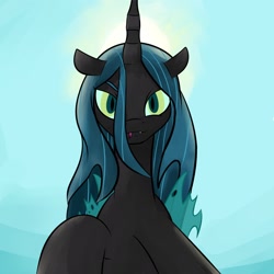 Size: 1280x1280 | Tagged: safe, artist:companioncube, artist:limelightu, imported from twibooru, queen chrysalis, changeling, changeling queen, female, image, looking at you, looking down, looking down at you, sky, solo, tongue out