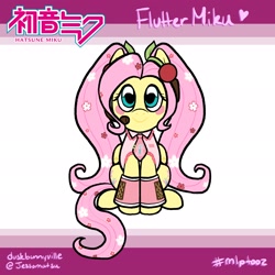 Size: 2048x2048 | Tagged: safe, artist:jessomatsu, imported from derpibooru, fluttershy, pegasus, pony, alternate hairstyle, blushing, clothes, cosplay, costume, cute, female, hatsune miku, headset, mare, necktie, shirt, shyabetes, sitting, skirt, solo, vocaloid, youtooz, youtooz mlp design competition