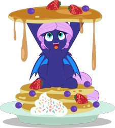 Size: 4520x5000 | Tagged: safe, artist:jhayarr23, oc, oc:spiral galaxies, pony, female, food, happy, mare, open mouth, pancakes, solo, vector