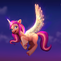 Size: 3997x4000 | Tagged: safe, artist:debbie yeo, imported from derpibooru, sunny starscout, alicorn, pony, artificial horn, artificial wings, augmented, female, g5, horn, magic, magic horn, magic wings, mare, official, open mouth, open smile, race swap, smiling, solo, sunnycorn, wings