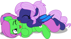 Size: 5001x2746 | Tagged: safe, artist:jhayarr23, oc, oc:spiral galaxies, oc:zippy sparkz, bat pony, pony, bat pony oc, bat wings, blushing, cuddling, duo, eyes closed, female, mare, tongue out, vector, wings