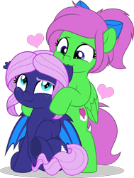 Size: 3781x5001 | Tagged: safe, artist:jhayarr23, oc, oc:spiral galaxies, oc:zippy sparkz, bat pony, pony, bat pony oc, bat wings, duo, female, looking at each other, mare, nibbling, vector, wings