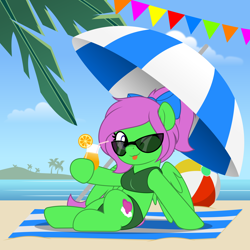 Size: 5000x5000 | Tagged: safe, artist:jhayarr23, oc, oc:zippy sparkz, pony, beach, bikini, clothes, female, mare, one eye closed, sunglasses, swimsuit, tongue out, vector