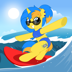 Size: 5000x5000 | Tagged: safe, artist:jhayarr23, oc, pony, beach, bikini, clothes, female, glasses, mare, solo, surfboard, swimsuit, vector, water