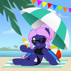 Size: 5000x5000 | Tagged: safe, artist:jhayarr23, oc, oc:spiral galaxies, bat pony, pony, beach, bikini, clothes, female, glasses, mare, one eye closed, sitting, solo, swimsuit, tongue out, vector