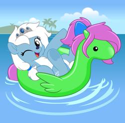 Size: 5094x5000 | Tagged: safe, artist:jhayarr23, oc, oc:icicle crash, oc:zippy sparkz, pony, female, floaty, inflatable toy, mare, one eye closed, open mouth, vector