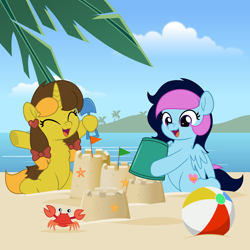 Size: 5000x5000 | Tagged: safe, artist:jhayarr23, oc, pony, duo, eyes closed, female, filly, mare, open mouth, sandcastle, vector