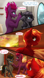 Size: 2160x3840 | Tagged: safe, artist:crimsonwolf360, imported from derpibooru, tempest shadow, oc, oc:crimson sky, oc:midnight shadow, pegasus, pony, unicorn, bathroom, bedroom, blood, blushing, chest fluff, comic, haircut, herd, horn, mohawk, nervous, nosebleed, smiling, speech bubble, sunset