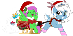 Size: 5000x2462 | Tagged: safe, artist:jhayarr23, oc, oc:icicle crash, oc:zippy sparkz, pony, christmas, duo, eyes closed, female, heterochromia, holiday, mare, open mouth, vector