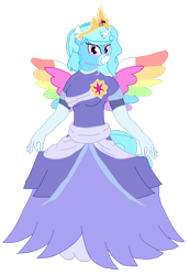 Size: 1280x1858 | Tagged: safe, artist:mlp-headstrong, imported from derpibooru, oc, oc only, oc:jemimasparkle, alicorn, anthro, breasts, busty oc, clothes, colored wings, coronation dress, crown, curtsey, cute, dress, evening gloves, female, gloves, gown, jewelry, long gloves, mare, multicolored wings, ocbetes, rainbow wings, regalia, smiling, wings