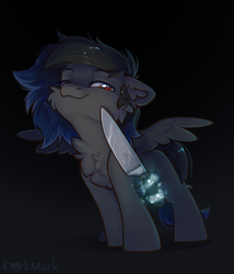 Size: 1651x1930 | Tagged: safe, artist:dorkmark, imported from derpibooru, oc, oc only, oc:shadowguy, pegasus, pony, cheek fluff, chest fluff, chibi, ear fluff, knife, magic, pegasus oc, solo, telekinesis, wings