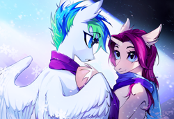 Size: 5000x3435 | Tagged: safe, artist:teturirusu, imported from derpibooru, oc, oc only, oc:brooke, oc:taco, pegasus, pony, unicorn, clothes, commission, couple, halfbody, horn, looking at each other, looking at someone, scarf, snow, snowfall, snowflake, spread wings, wings, winter, ych result