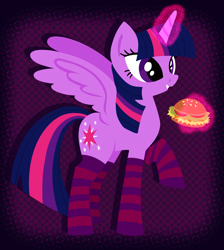 Size: 2867x3198 | Tagged: safe, artist:catponything, imported from derpibooru, twilight sparkle, alicorn, pony, burger, clothes, food, hay burger, levitation, magic, magic aura, raised hoof, smiling, socks, spread wings, standing on three hooves, striped socks, telekinesis, that pony sure does love burgers, twilight burgkle, twilight sparkle (alicorn), wings