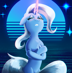 Size: 2117x2152 | Tagged: safe, artist:jphyperx, imported from derpibooru, trixie, pony, unicorn, blushing, chest fluff, chromatic aberration, crossed hooves, cute, diatrixes, ecstasy, female, glowing, glowing horn, horn, retrowave, sad, synthwave