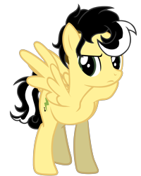 Size: 5500x6882 | Tagged: safe, artist:alicesponycorner, imported from derpibooru, oc, oc only, oc:alice azalea, pegasus, adobe, black hair, emoji, full body, green eyes, high res, lidded eyes, pondering, raised hoof, render, show accurate, simple background, skunk stripe, spread wings, thinking, thinking emoji, transparent background, wings, yellow coat