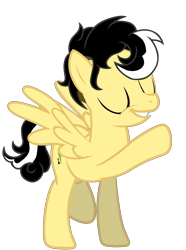 Size: 5500x7383 | Tagged: safe, artist:alicesponycorner, imported from derpibooru, oc, oc only, oc:alice azalea, pegasus, adobe, big smile, black hair, eyes closed, full body, green eyes, happy, high res, raised hoof, raised leg, render, show accurate, simple background, skunk stripe, smiling, spread wings, transparent background, wings, yellow coat