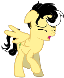 Size: 5500x6734 | Tagged: safe, artist:alicesponycorner, imported from derpibooru, oc, oc only, oc:alice azalea, pegasus, adobe, black hair, crying, floppy ears, full body, green eyes, high res, open mouth, pain, raised hoof, raised leg, render, sad, show accurate, simple background, skunk stripe, spread wings, transparent background, wings, yellow coat