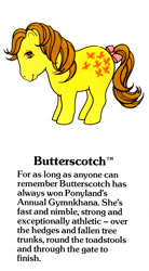 Size: 550x1000 | Tagged: safe, imported from derpibooru, butterscotch (g1), earth pony, pony, bow, closed mouth, cute, female, g1, g1 adorascotch, g1 backstory, mare, my little pony fact file, official, smiling, solo, tail, tail bow, text