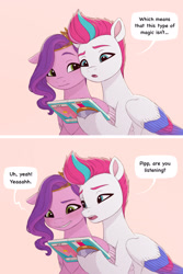 Size: 1933x2894 | Tagged: safe, artist:zephyrcrocus, imported from derpibooru, pipp petals, zipp storm, pegasus, pony, 2 panel comic, blush lines, blushing, comic, duo, duo female, female, g5, grin, incest, lesbian, nervous, nervous grin, petalstorm, phone, royal sisters (g5), shipping, siblings, simple background, sisters, smiling, speech bubble