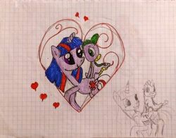 Size: 3785x2966 | Tagged: safe, artist:destiny_manticor, imported from derpibooru, spike, twilight sparkle, dragon, pony, unicorn, duo, duo male and female, female, horn, lol, male, old art, paper, pen, very old art