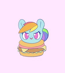 Size: 1694x1879 | Tagged: safe, artist:noupu, imported from derpibooru, rainbow dash, pegasus, pony, burger, cute, dashabetes, female, food, lidded eyes, looking at you, mare, pink background, simple background, smiling, smiling at you, solo