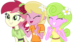 Size: 1280x749 | Tagged: safe, artist:media1997, imported from derpibooru, daisy, flower wishes, lily, lily valley, roseluck, human, equestria girls, equestria girls-ified, eyes closed, female, flower trio, simple background, transparent background